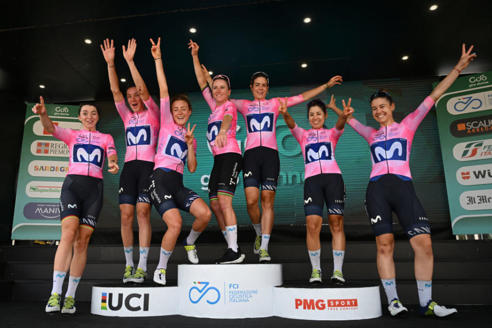 Annemiek van Vleuten and Movistar celebrate on the podium after winning the 2023 Giro Donne