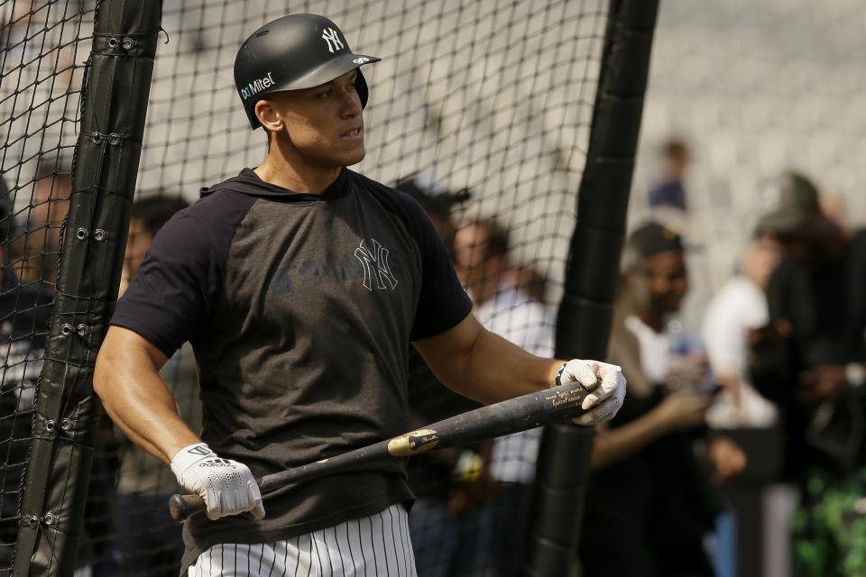 New York Yankees right fielder Aaron Judge watches during batting practice in London, Friday, June 28, 2019. Major League Baseball will make its European debut with the New York Yankees versus Boston Red Sox game at London Stadium this weekend. (AP Photo/Tim Ireland)