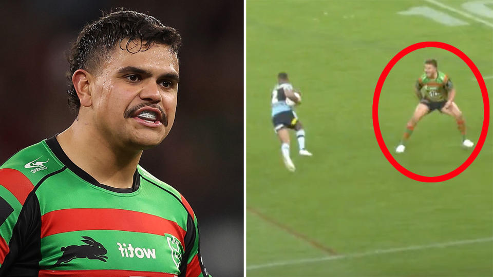 Rabbitohs fullback Latrell Mitchell was burned by Sharks winger Sione Katoa on Saturday night. Pic: Getty/NRL