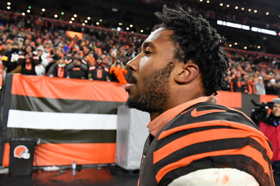 Myles Garrett says that he didn't intend for his accusation that Mason Rudolph made a racial slur to go public. (Nick Cammett/Diamond Images via Getty Images)