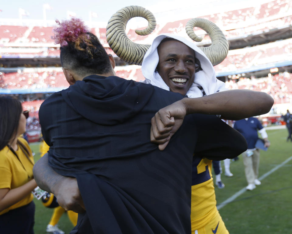 Marcus Peters might be known for being painfully blunt, but, he has a humorous side, pictured here enjoying a victory against the 49ers in October. (Getty Images)