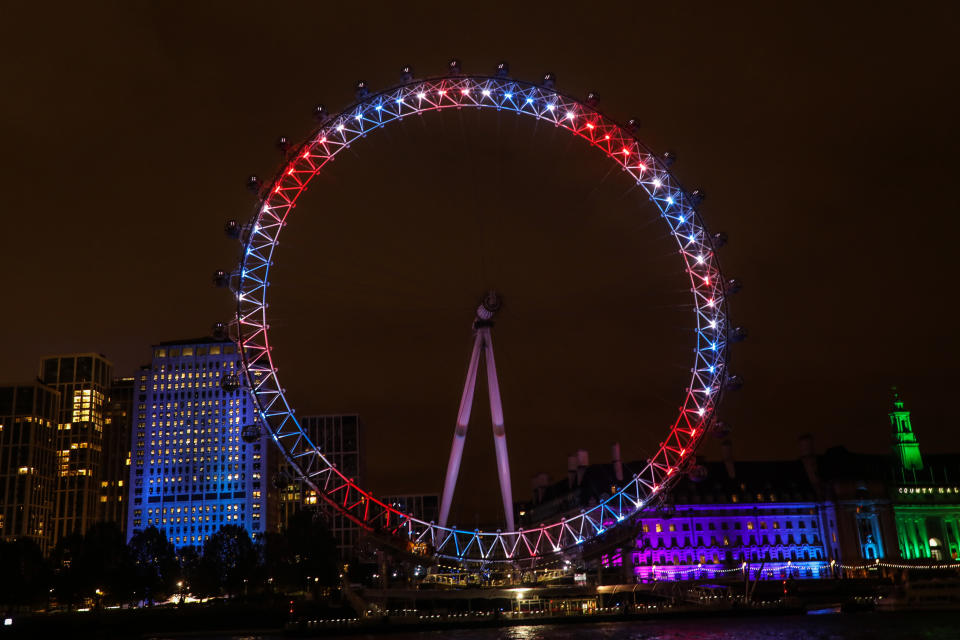 The London Eye Lit Up In Red, White And Blue To Celebrate The Pride Of Britain Awards in London, UK - 02 Nov 2020