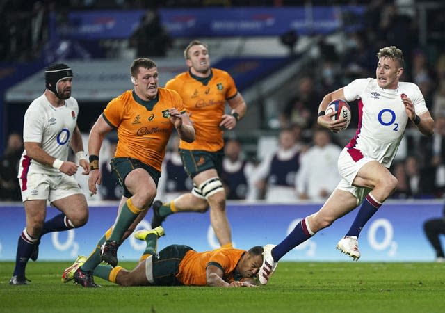 Freddie Steward, right, races in to score England's first try in their 32-15 Autumn Nations Series win against Australia