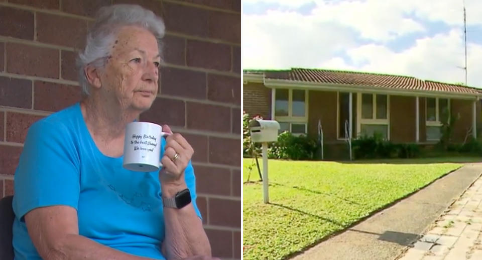 Rosemarie Earley sitting in front of the red brick home she has lived in for 49 years despite not being on the lease until recently. 