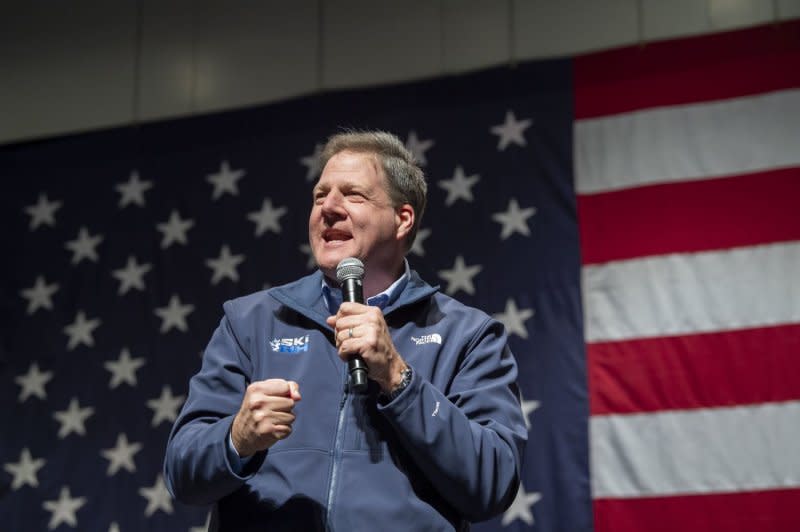 New Hampshire Gov. Chris Sununu speaks during a campaign event for former South Carolina Gov. Nikki Haley in Exeter, N.H., on Sunday. Photo by Amanda Sabga/UPI