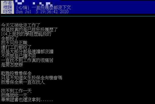 網友感嘆，投履歷全沒下文。（圖／翻攝自PTT）