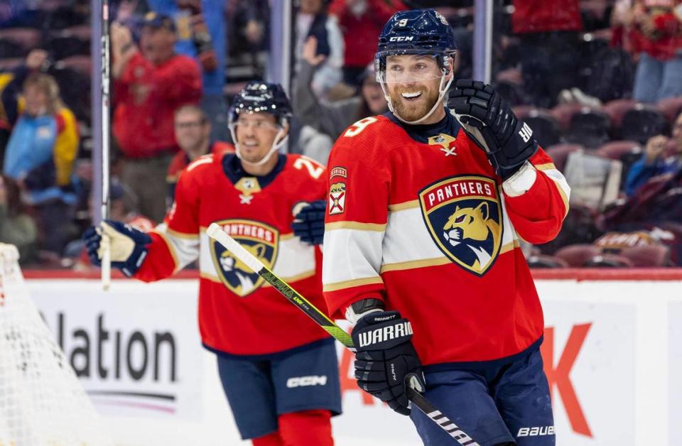 Florida Panthers forward Sam Bennett (9) celebrates after scoring a goal against the Nashville Predators in the first period of their NHL preseason game at the Amerant Bank Arena on Monday, Sept. 25, 2023, in Sunrise, Fla.
