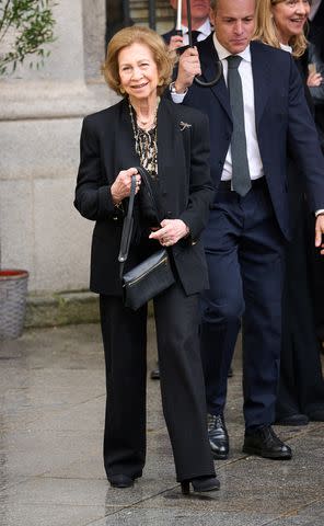 <p>Carlos Alvarez/GC Images</p> Queen Sofia leaves the funeral mass for Fernando Gómez-Acebo on April 8, 2024 in Madrid.