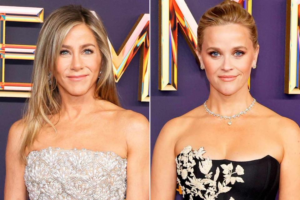 <p>Frazer Harrison/Getty; Frazer Harrison/Getty</p> Jennifer Aniston (left) and Reese Witherspoon attend the 2024 Emmy Awards. 