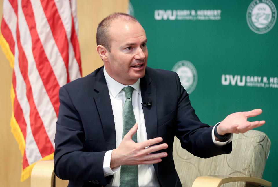 Sen. Mike Lee, R-Utah, talks about “The Importance of the U.S.-U.K. Bilateral Relationship” during a Gary R. Herbert Institute for Public Policy Forum with former British Prime Minister Liz Truss at Utah Valley University in Orem on Tuesday, Feb. 20, 2024. | Kristin Murphy, Deseret News