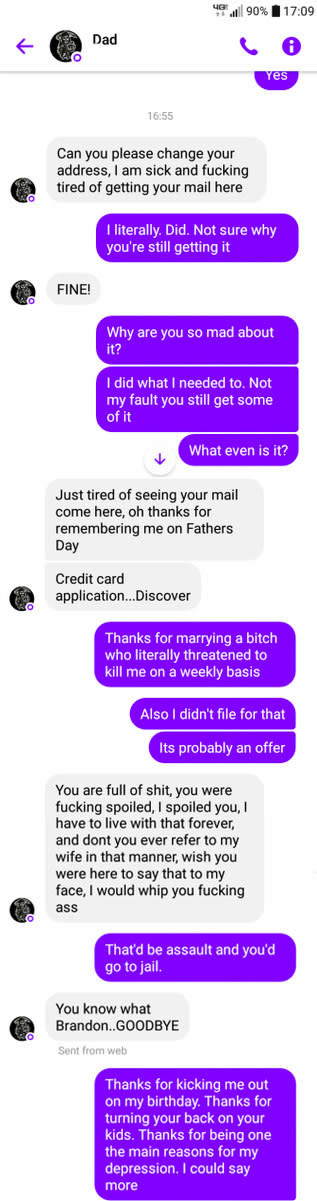 Someone's dad texts them angry about their mail being sent to his home