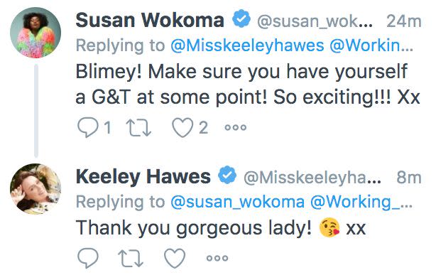 Susan Wokoma and Keeley Hawes swap pleasantries in Twitter