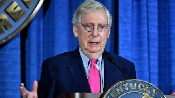 PHOTO: Senate Minority Leader Mitch McConnell addresses the audience at the Kentucky Farm Bureau Ham Breakfast at the Kentucky State Fair in Louisville, Ky., Aug. 25, 2022. (Timothy D. Easley/AP)