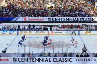 <p>Opening faceoff. (Getty) </p>