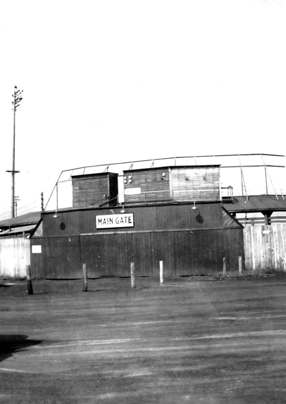 This is the Main Gate at McConnell Field that for more than 35 years greeted baseball fans eager to watch Utica’s professional teams in action (the Utica Braves from 1938 to 1942 and the Utica Blue Sox from 1943 to 1950). It was on the west side of North Genesee Street, just north of the Barge Canal. Many a game was delayed when fog from the canal covered the field—and fans. Other sports were played there and boxing matches always attracted large crowds.