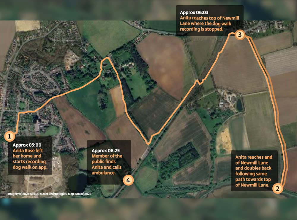 A map showing the route police believe Anita Rose took, following analysis of her mobile phone. (Suffolk Police/ PA)