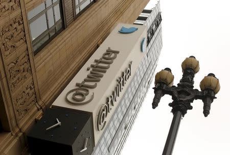 The Twitter logo is shown at its corporate headquarters in San Francisco, California April 28, 2015. Twitter Inc. REUTERS/Robert Galbraith