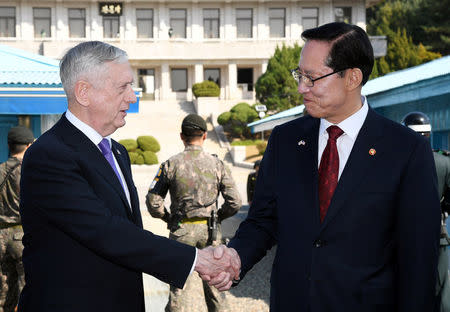 U.S. Defense Secretary Jim Mattis (L) and South Korean Defense Minister Song Young-moo visit the truce village of Panmunjom, South Korea October 27, 2017. Yonhap/via REUTERS