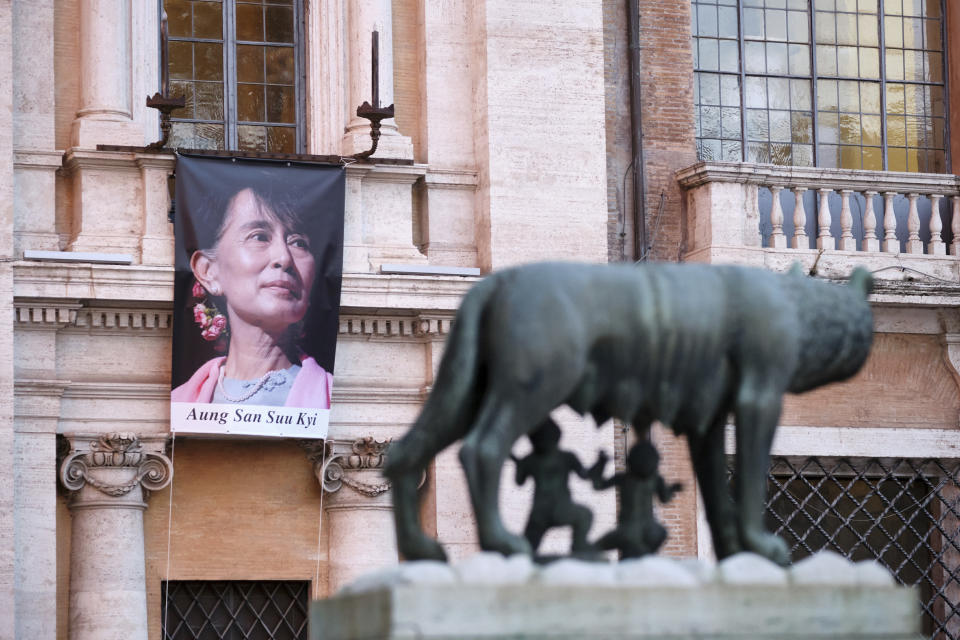 The portrait of deposed Myanmar leader Aung San Suu Kyi is exposed in solidarity in Rome's Campidoglio Capitol Hill, Tuesday, March 16, 2021. Myanmar's ruling junta has declared martial law in a wide area of the country's largest city Yangon, as security forces killed dozens of protesters over the weekend in an increasingly lethal crackdown on resistance to last month's military coup. (Mauro Scrobogna/LaPresse via AP)