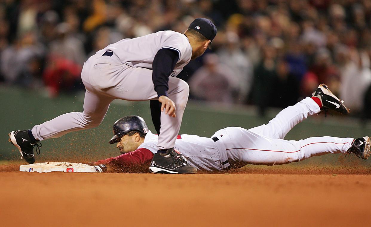 A bobblehead commemorating Dave Roberts' steal of second base against the New York Yankees in Game 4 of the 2004 ALCS, as seen here, is one of several upcoming promotions at Fenway Park.