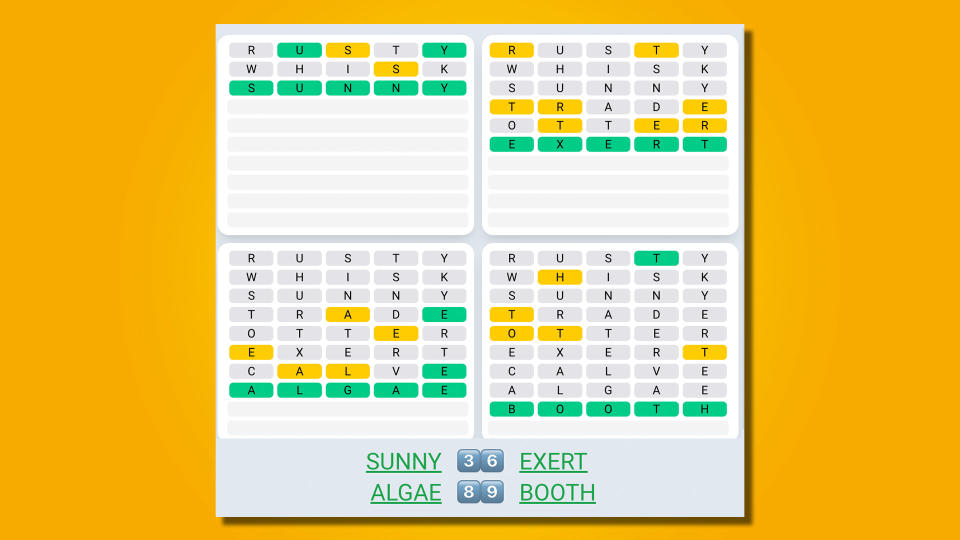 Quordle Daily Sequence answers for game 520 on a yellow background