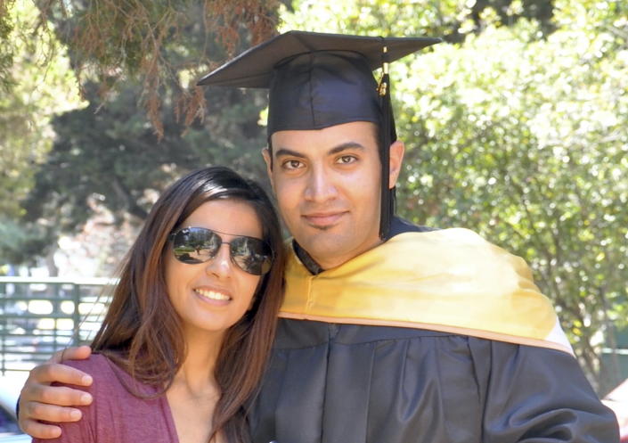 In this photo provided by the family of Abdulrahman al-Sadhan, Abdulrahman al-Sadhan poses with his sister Areej Al Sadhan for a graduation photo, at Notre Dame de Namur University, a private Catholic university, in Belmont, Calif., May 4, 2013. Saudi humanitarian aid worker al-Sadhan’s anonymous Twitter account used to parody issues about the economy in Saudi Arabia has landed him in prison in the kingdom. On Tuesday, May 16, 2023, al-Sadhan and his sister filed the lawsuit against Twitter Inc. and Saudi Arabia, alleging that they are members of a racketeering enterprise that seeks to extend the authoritarian control of Saudi Arabia beyond its borders and silence its critics through acts of transnational repression on U.S. and international soil. (Family of Abdulrahman al-Sadhan via AP)