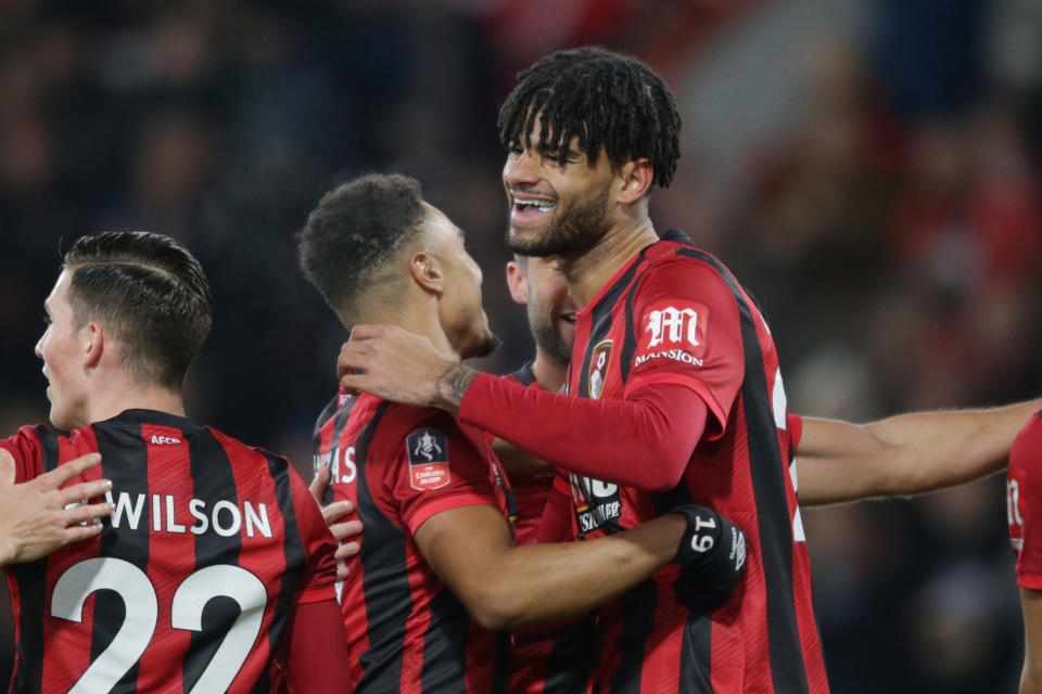 Philip Billing of Bournemouth is congratulated by team-mate Junior Stanislas. (Credit: Getty Images)