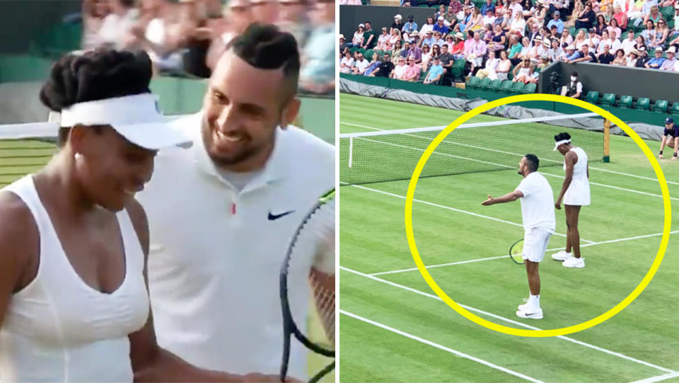 Tennis legend Venus Williams and Nick Kyrgios (pictured left) sharing a laugh and (pictured right) Kyrgios arguing with the chair umpire.