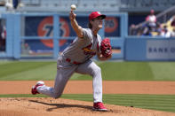 St. Louis Cardinals starting pitcher Jake Woodford throws to the plate during the first inning of a baseball game against the Los Angeles Dodgers Sunday, April 30, 2023, in Los Angeles. (AP Photo/Mark J. Terrill)