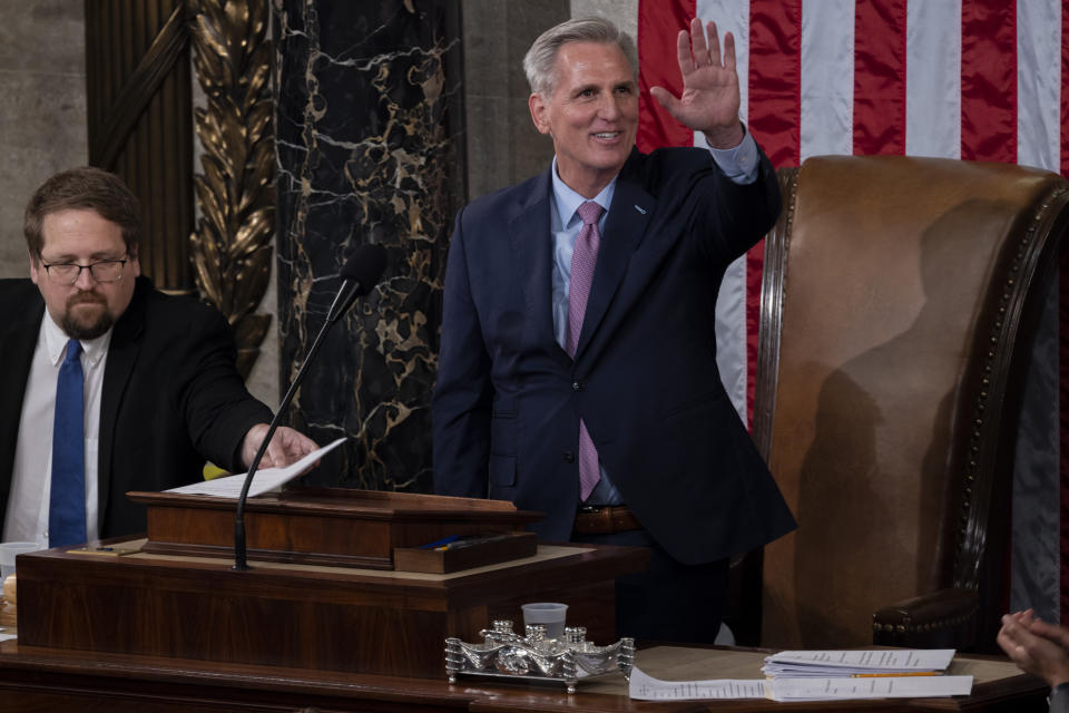 House Speaker Kevin McCarthy celebrates after taking the oath of office early on Saturday.