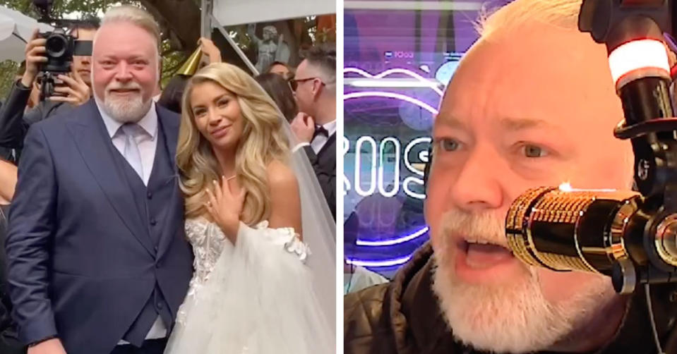 L: Kyle Sandilands and Tegan Kynaston during their wedding. R: Kyle Sandilands on his radio show