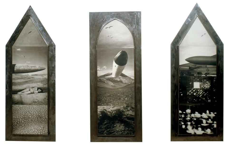 Flight/Force, Four Elements, and Physics/Faith, each approximately 83” x 30” composed of four palladium prints in shaped steel frames, each stamped with title, 84”x 12’ 1/1. The exhibition "Critical Mass: Photoworks by Meridel Rubenstein" is now on display at the Amarillo Museum of Art.