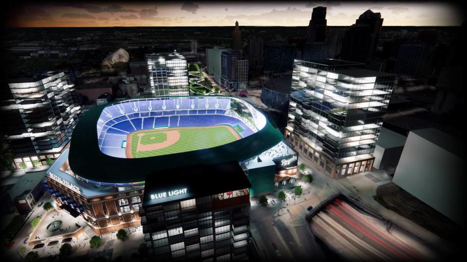 A downtown stadium concept for the Kansas City Royals designed by Mammoth Sports Construction has the stadium at the site of the former Kansas City Star press pavilion on McGee Street. In this concept, a portion of the stadium would span I-670. This view is looking west. Mammoth Sports Construction