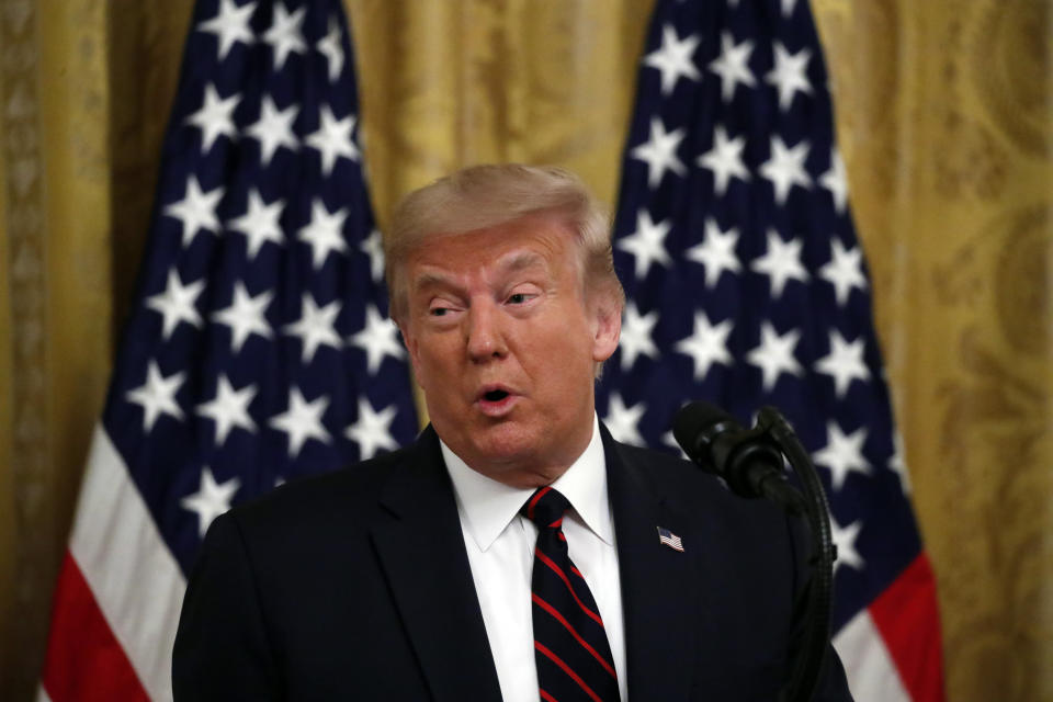 President Donald Trump speaks during a signing ceremony for H.R. 1957 – "The Great American Outdoors Act," in the East Room of the White House, Tuesday, Aug. 4, 2020, in Washington. (AP Photo/Alex Brandon)