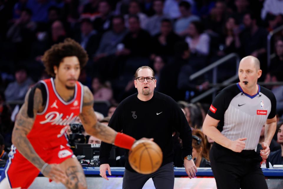 NEW YORK, NEW YORK - MARCH 10: Head coach Nick Nurse of the Philadelphia 76ers reacts during the first half against the New York Knicks at Madison Square Garden on March 10, 2024 in New York City. NOTE TO USER: User expressly acknowledges and agrees that, by downloading and or using this photograph, User is consenting to the terms and conditions of the Getty Images License Agreement. (Photo by Sarah Stier/Getty Images)