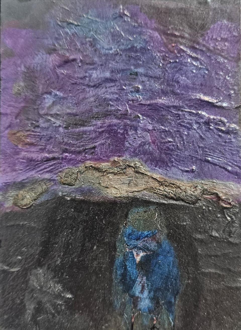 An oil painting of a blue bird set against atmospheric black, gray and purple.