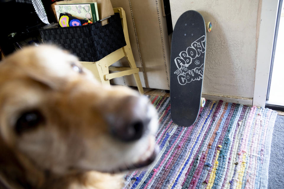 Kimra Luna’s boyfriend’s dog “Girlfriend” is pictured near a skateboard with the words “Abort the Court” at their home in Nampa, Idaho, on Friday, April 12, 2024. Luna, co-founder of Idaho Abortion Rights, is an abortion doula in Idaho who helps people access abortions, pay for and travel to out-of-state clinics or connect with other services such as counseling and follow-up gynecological care. (AP Photo/Kyle Green)