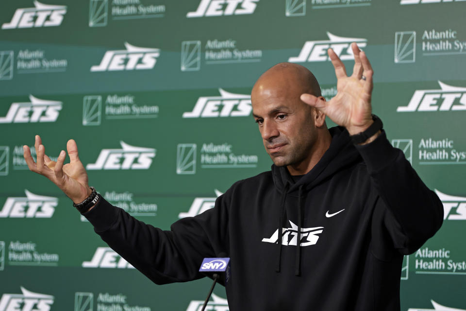 CORRECTS SPELLING OF LAST NAME TO SALEH, NOT SALAH AS ORIGINALLY SENT - New York Jets head coach Robert Saleh speaks to the media after an NFL rookie minicamp football practice Friday, May 3, 2024, in Florham Park, N.J. (AP Photo/Adam Hunger)