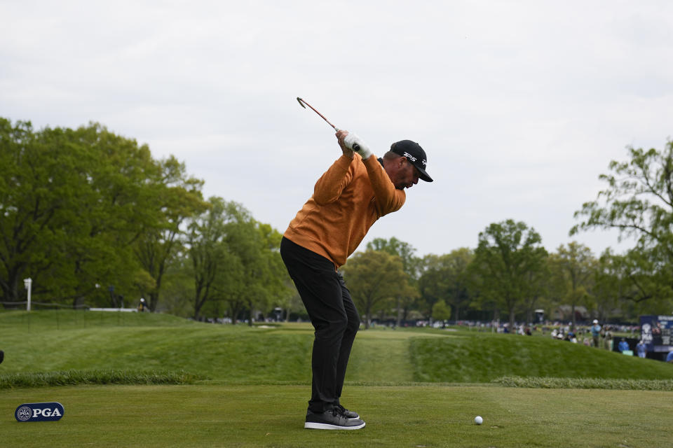 Michael Block hits his tee shot on the seventh hole during the second round of the PGA Championship golf tournament at Oak Hill Country Club on Friday, May 19, 2023, in Pittsford, N.Y. (AP Photo/Eric Gay)
