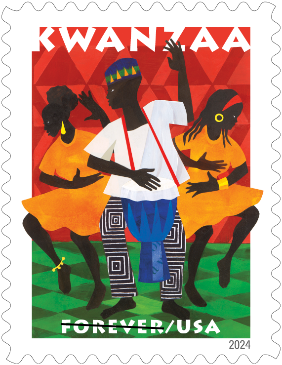 The U.S. Postal Service revealed dozens of stamp designs for 2024 on Oct. 23. This is a 10th edition Kwanzaa stamp celebrating the annual pan-African holiday observed from Dec. 26 to Jan 1. It was inspired by a live performance witnessed by the artist, Ekua Holmes.