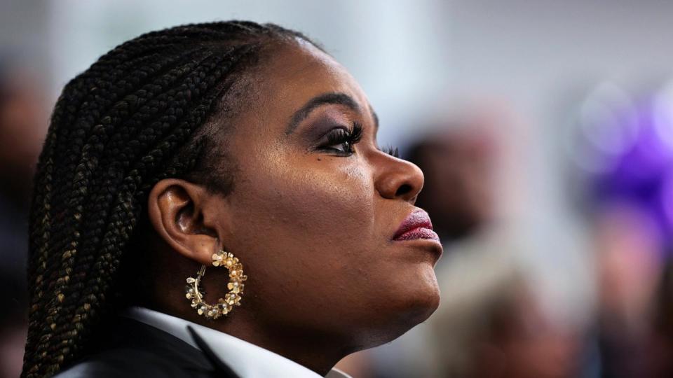 PHOTO: Rep. Cori Bush listens to speakers at her campaign headquarters in Northwoods to kickoff her re-election campaign, on Jan. 27, 2024.  (Robert Cohen/St Louis Post-Dispatch via Polaris)