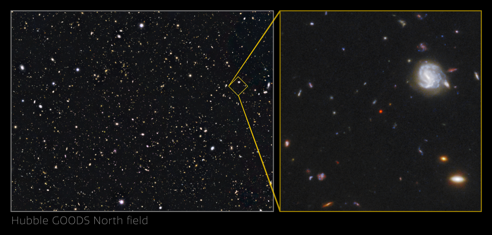 An international team of astronomers has discovered a unique object in the distant universe that is a crucial link between young star-forming galaxies and the earliest supermassive black holes. The object, which is referred to as GNz7q, is the red dot in the center of the image of the Hubble Great Observatories Origins Deep Survey-North.  / Credit: NASA, ESA, Garth Illingworth (UC Santa Cruz), Pascal Oesch (UC Santa Cruz, Yale), Rychard Bouwens (LEI), I. Labbe (LEI), Cosmic Dawn Center/Niels Bohr Institute/University of Copenhagen, Denmark