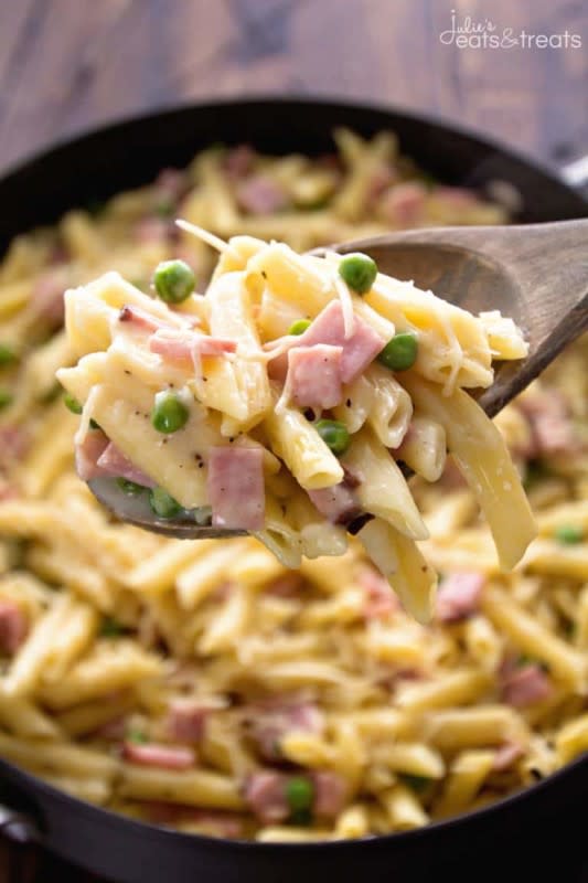 <p>Julie's Eats & Treats</p><p>A quick and easy one-pot meal featuring diced ham, penne pasta and peas in a creamy sauce. </p><p><strong>Get the recipe: <a href="https://www.julieseatsandtreats.com/one-pot-ham-penne-skillet-recipe" rel="nofollow noopener" target="_blank" data-ylk="slk:One Pot Ham And Penne Skillet;elm:context_link;itc:0;sec:content-canvas" class="link rapid-noclick-resp">One Pot Ham And Penne Skillet</a></strong></p>