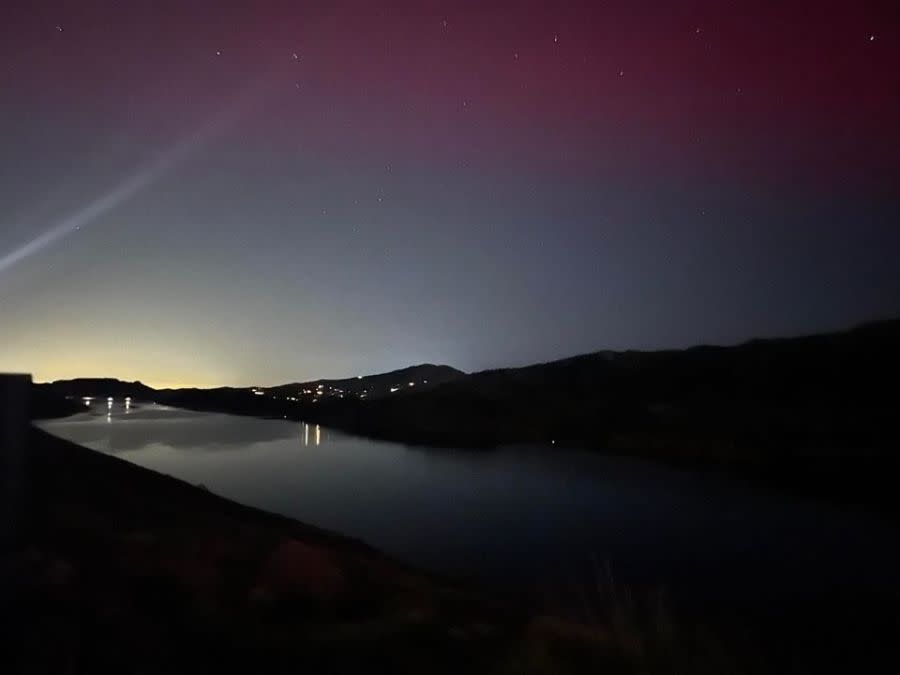 The aurora borealis as seen over Horsetooth Reservoir in Fort Collins, Colorado, on May 10, 2024 (Ashtyn Brown)