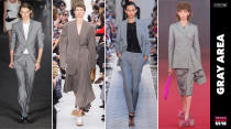 <p>Schwarz ist out, Grau ist in. Graue Arbeitskleidung von Blazern bis zu Hosen und Röcken waren auf der Fashion Week allgegenwärtig. (Bild: ImaxTree) </p>