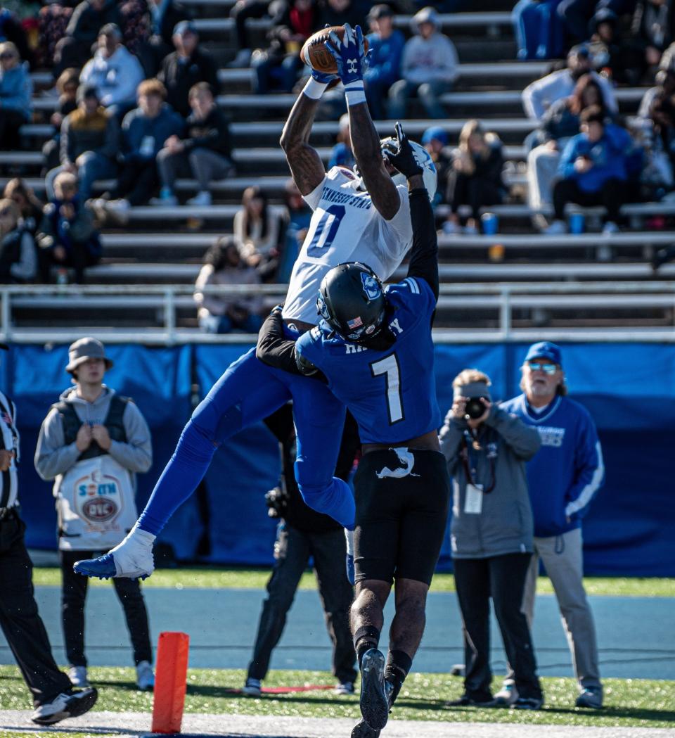 Tennessee State receiver Karate Brenson catches a touchdown pass against host Eastern Illinois Saturday.