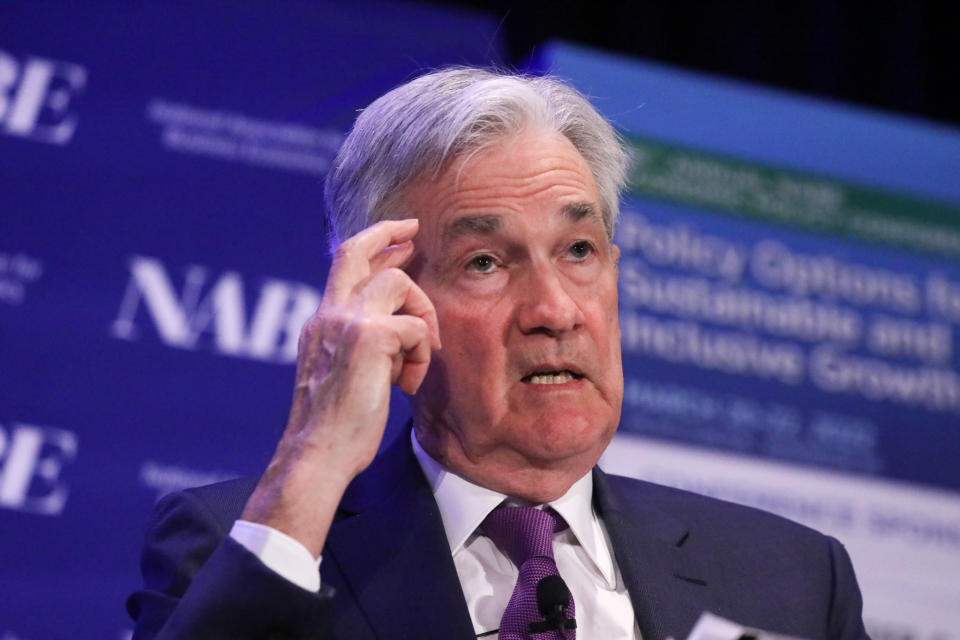 WASHINGTON DC, USA - MARCH 21: Jerome Powell, Chairman of the U.S. Federal Reserve, speaks during the National Association of Business Economics (NABE) economic policy conference in Washington, D.C, United States on March 21, 2022. (Photo by Yasin Ozturk/Anadolu Agency via Getty Images)