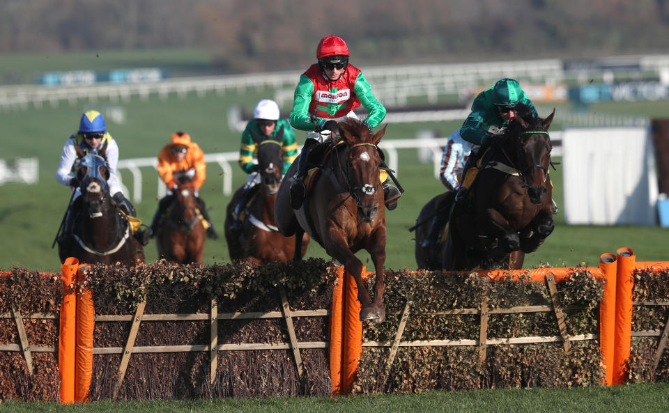 Quel Destin and Harry Cobden jump the last on their way to landing the JCB Triumph Trial Juvenile Hurdle