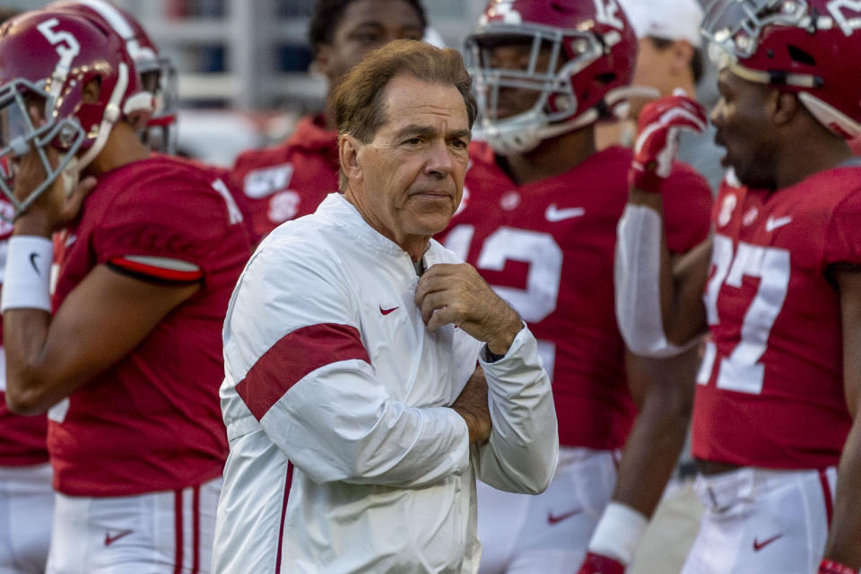 Alabama head coach Nick Saban paces during warmups before an NCAA college football game against Arkansas, Saturday, Oct. 26, 2019, in Tuscaloosa, Ala. (AP Photo/Vasha Hunt)