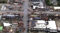 This image taken from video provided by KOCO shows damage caused by a tornado in Sulphur, Okla., Sunday, April 28, 2024. (KOCO via AP)